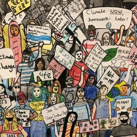 Tapton students produced a large scale illustration installation protesting climate change, taking inspiration from the Student climate protests, Kidlit4climate and the Little people Big Dreams books.