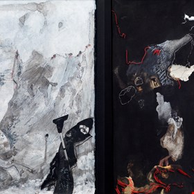 Edwards + Johann On the seam of things - days and knights 1-2, 2013, drawing on glass over mixed media work on paper (cropped)