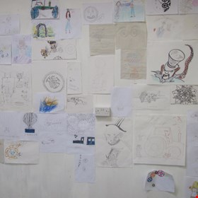 One wall full of drawings of Steam Punk!