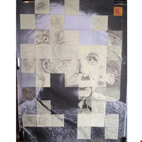 Einstein in 3inch squares by adults and children visiting "Strata" exhibition Walton.